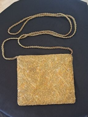 Vintage 1960s Gold Color Beaded Evening Crossbody Bag